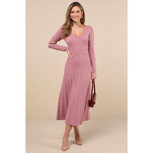 Lulus Snuggly Precision Mauve Pink Pleated Sweater Midi Dress - Size L